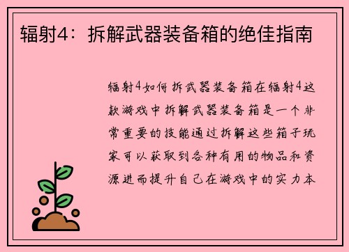 辐射4：拆解武器装备箱的绝佳指南